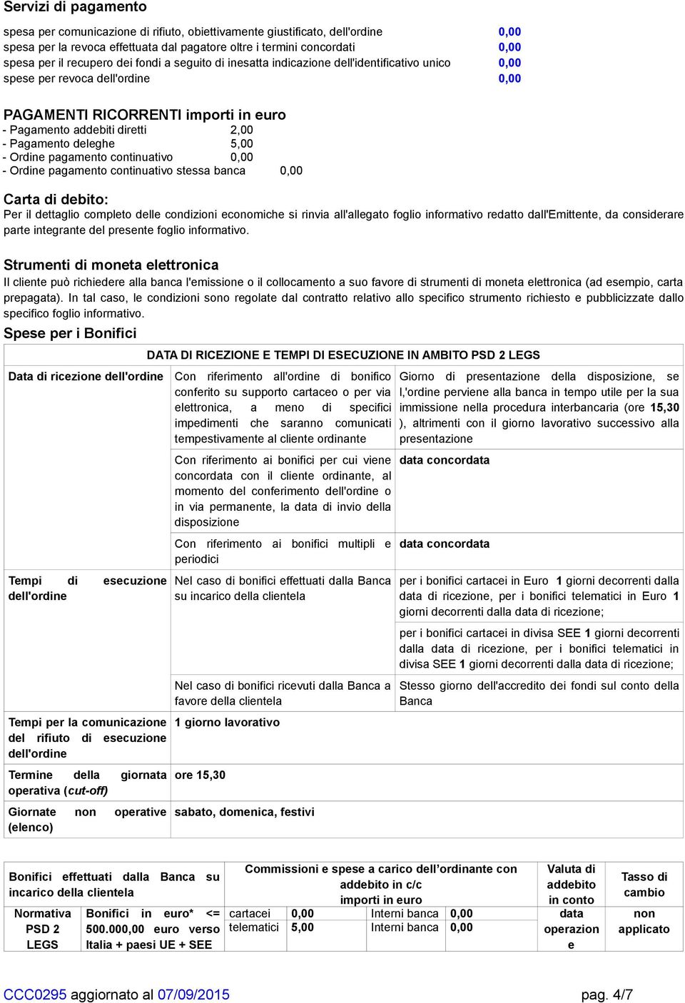 Pagamento deleghe 5,00 - Ordine pagamento continuativo 0,00 - Ordine pagamento continuativo stessa banca 0,00 Carta di debito: Per il dettaglio completo delle condizioni economiche si rinvia