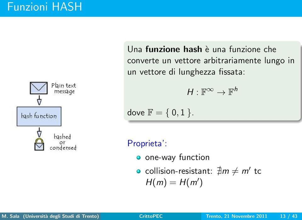 H : F F h Proprieta : one-way function collision-resistant: m m tc H(m) = H(m