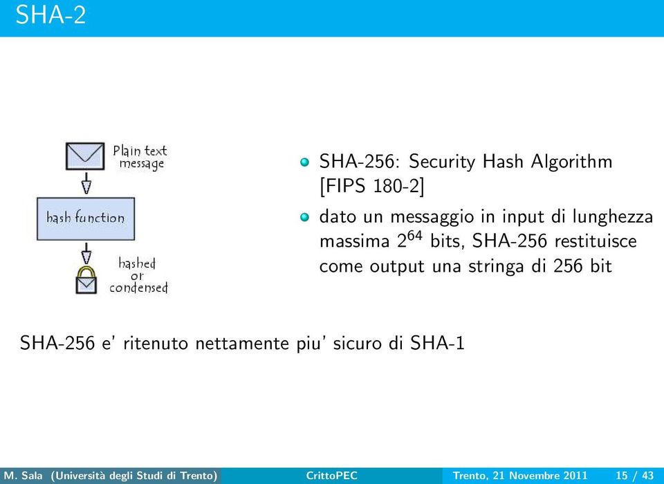 stringa di 256 bit SHA-256 e ritenuto nettamente piu sicuro di SHA-1 M.