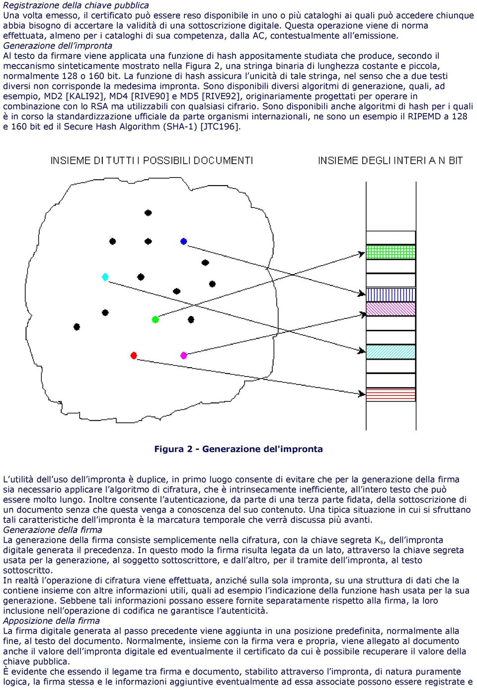 Generazione dell impronta Al testo da firmare viene applicata una funzione di hash appositamente studiata che produce, secondo il meccanismo sinteticamente mostrato nella Figura 2, una stringa