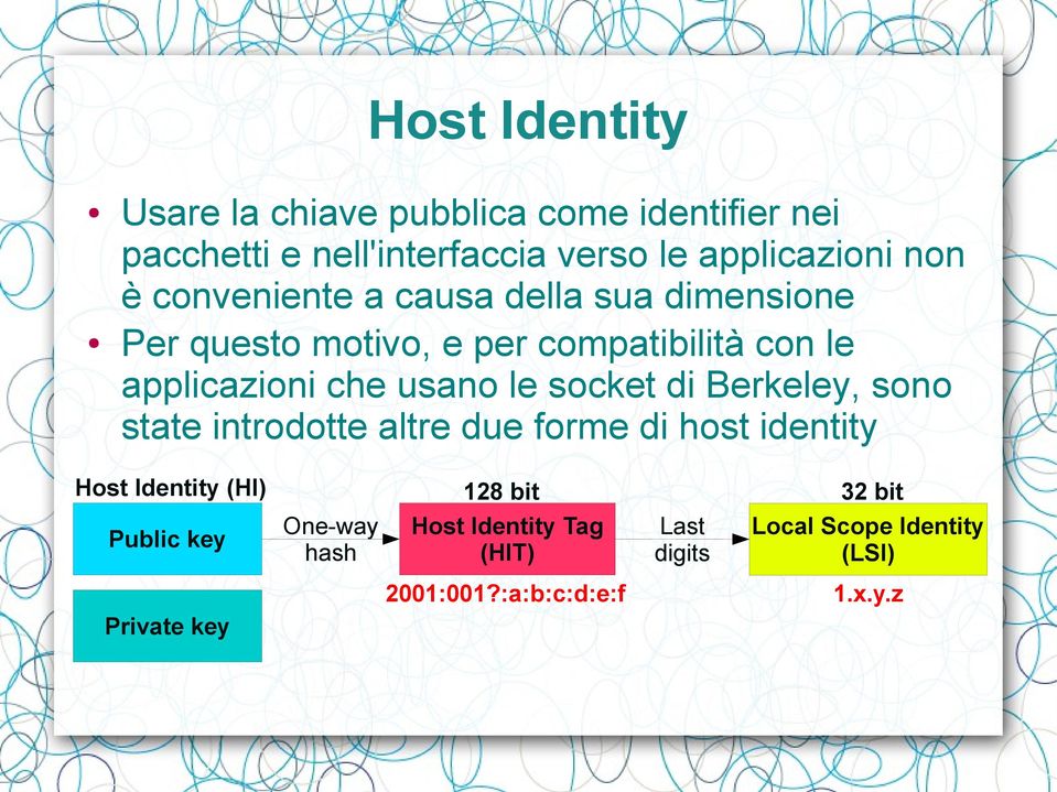 socket di Berkeley, sono state introdotte altre due forme di host identity Host Identity (HI) Public key Private key