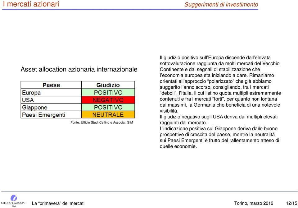 Rimaniamo orientati all approccio polarizzato che già abbiamo suggerito l anno scorso, consigliando, fra i mercati deboli, l Italia, il cui listino quota multipli estremamente contenuti e fra i