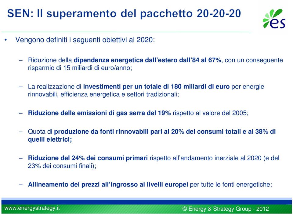 del 19% rispetto al valore del 2005; Quota di produzione da fonti rinnovabili pari al 20% dei consumi totali e al 38% di quelli elettrici; Riduzione del 24% dei consumi primari