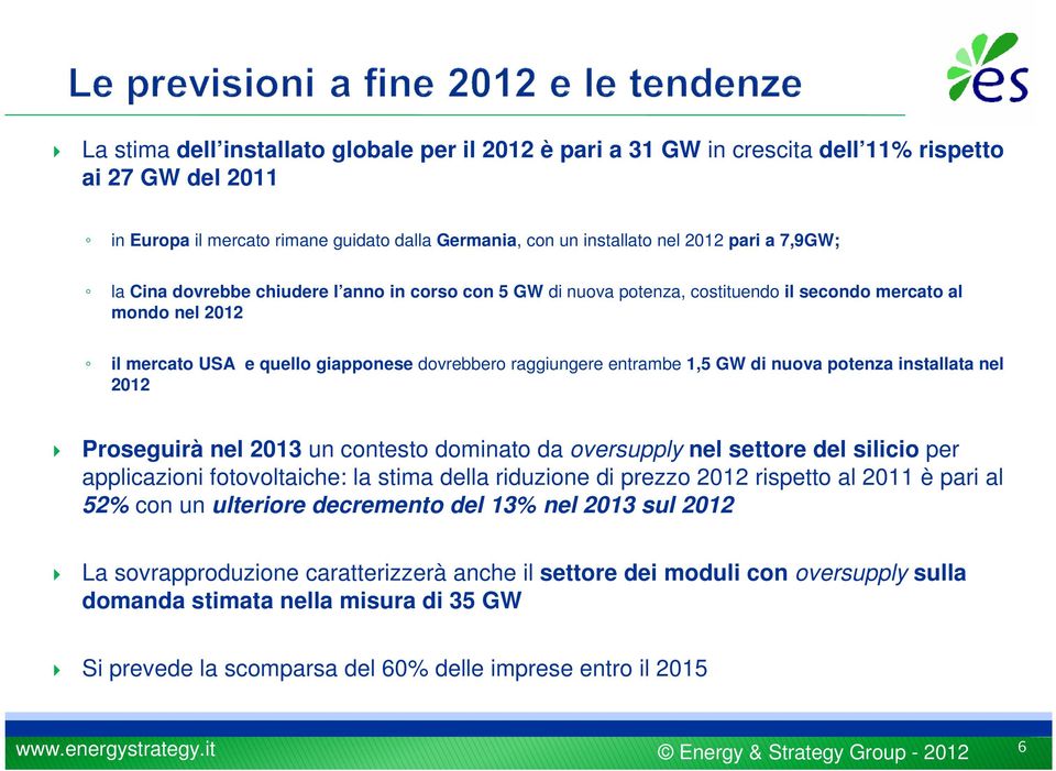 di nuova potenza installata nel 2012 Proseguirà nel 2013 un contesto dominato da oversupply nel settore del silicio per applicazioni fotovoltaiche: la stima della riduzione di prezzo 2012 rispetto al