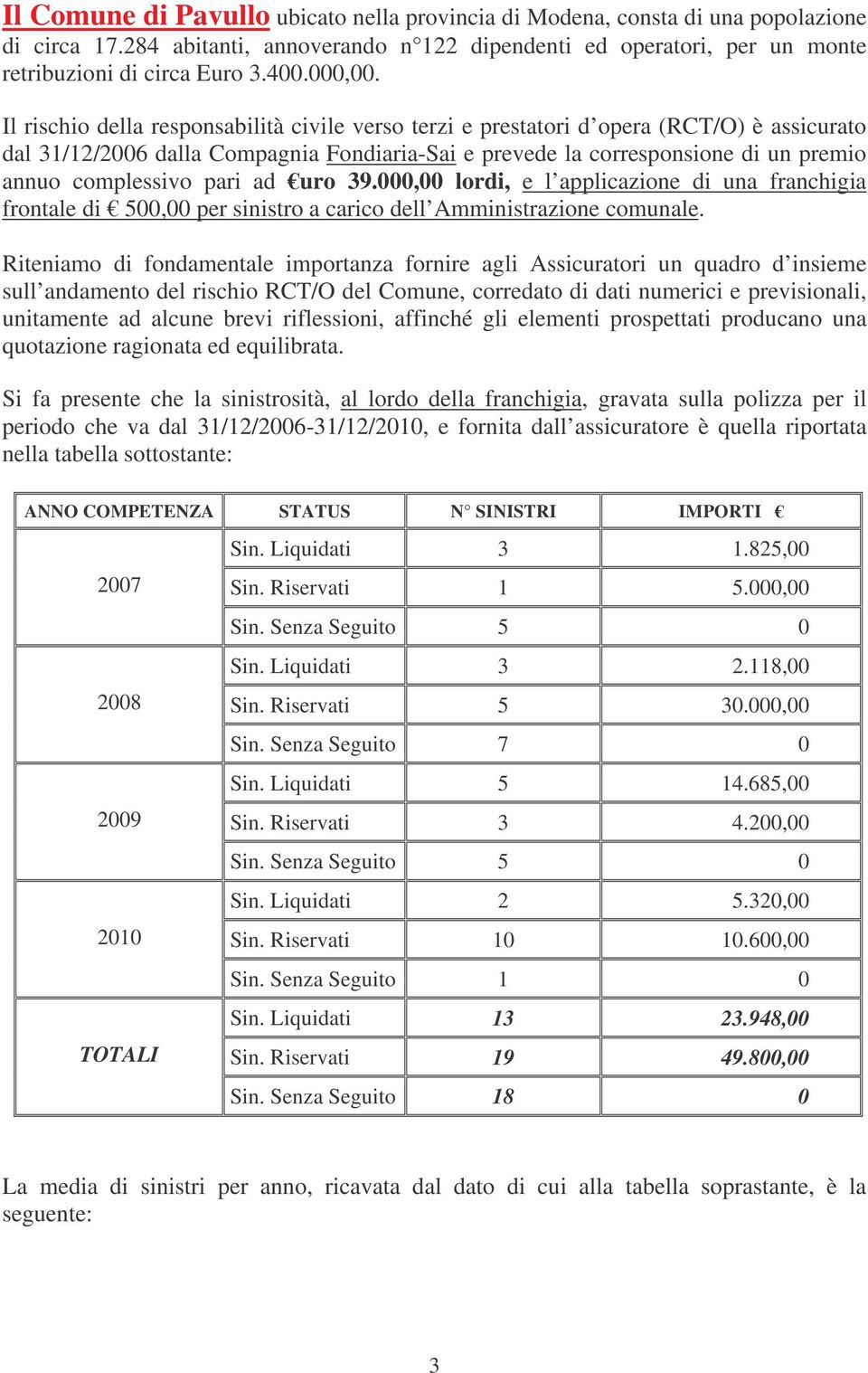 Il rischio della responsabilità civile verso terzi e prestatori d opera (RC/O) è assicurato dal 31/12/2006 dalla Compagnia Fondiaria-Sai e prevede la corresponsione di un premio annuo complessivo