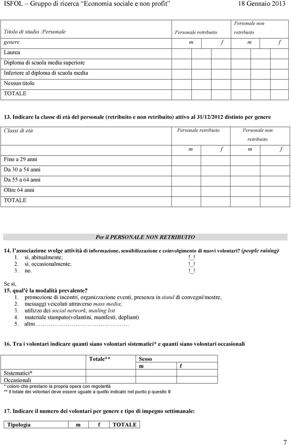 a 54 anni Da 55 a 64 anni Oltre 64 anni TOTALE Per il PERSONALE NON RETRIBUITO 14. l associazione svolge attività di informazione, sensibilizzazione e coinvolgimento di nuovi volontari?