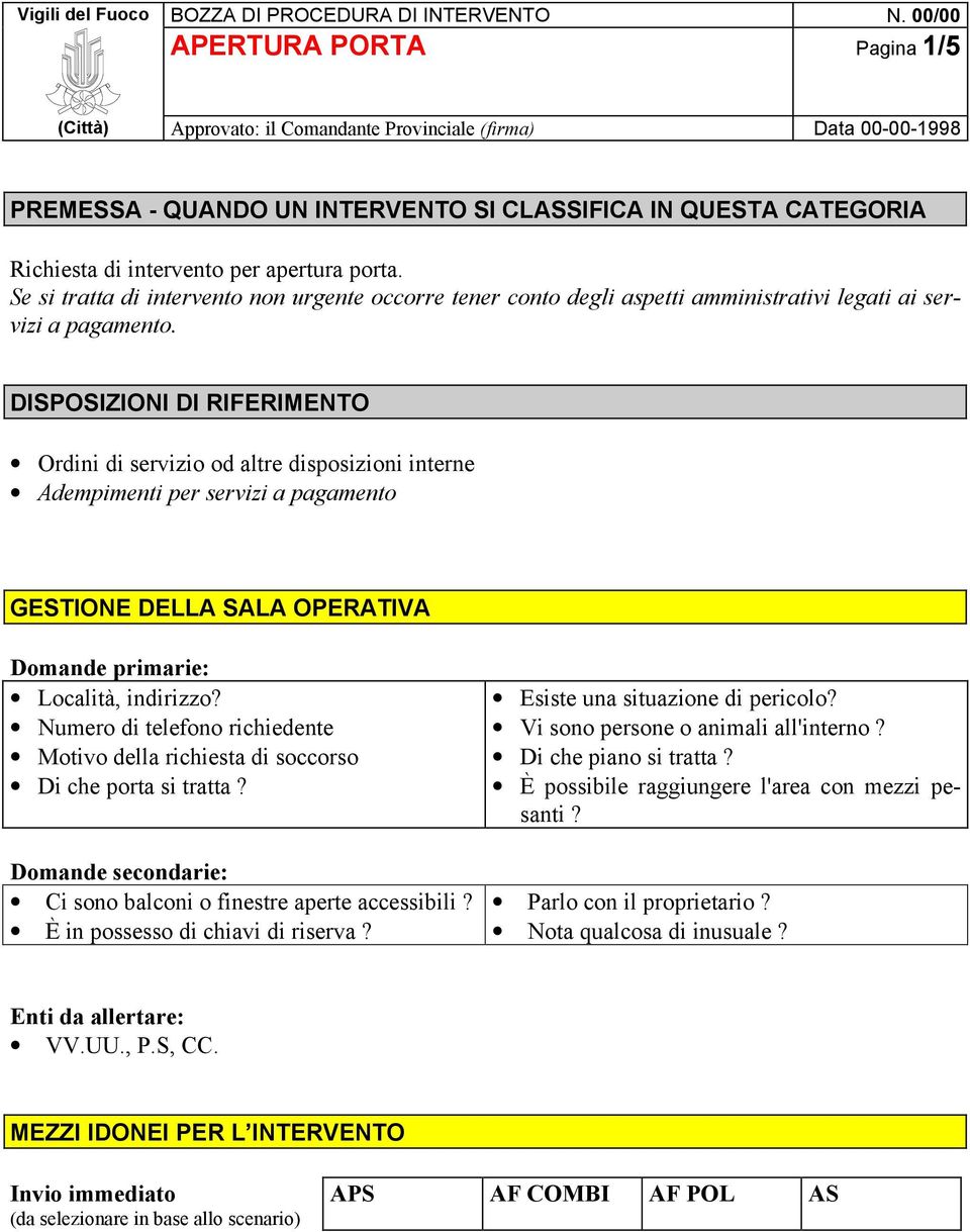 DISPOSIZIONI DI RIFERIMENTO Ordini di servizio od altre disposizioni interne Adempimenti per servizi a pagamento GESTIONE DELLA SALA OPERATIVA Domande primarie: Località, indirizzo?