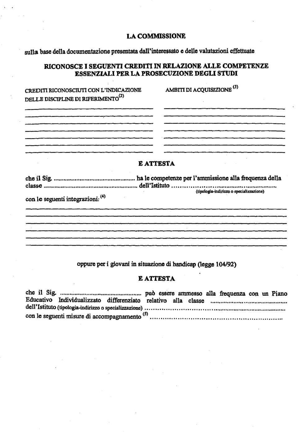 .. dell'istituto.... (tipolosia indirizzo o sp«ializzuione) con le seguenti integrazioni: < 4 > oppure per i giovani in situazione di handicap (legge l 04/92) E ATTESTA che il Sig.