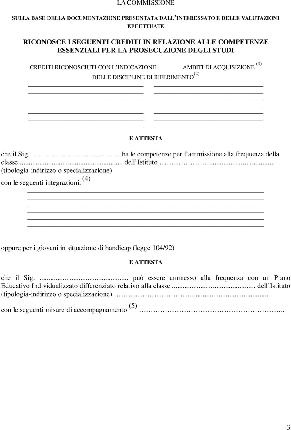 .. dell Istituto...... (tipologia-indirizzo o specializzazione) con le seguenti integrazioni: (4) oppure per i giovani in situazione di handicap (legge 104/92) che il Sig.