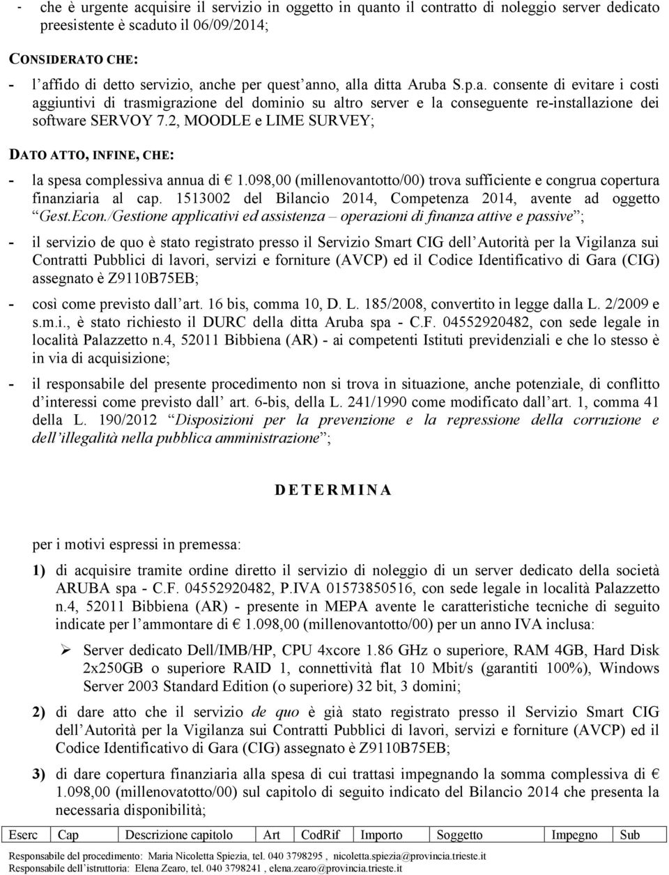 2, MOODLE e LIME SURVEY; DATO ATTO, INFINE, CHE: - la spesa complessiva annua di 1.098,00 (millenovantotto/00) trova sufficiente e congrua copertura finanziaria al cap.