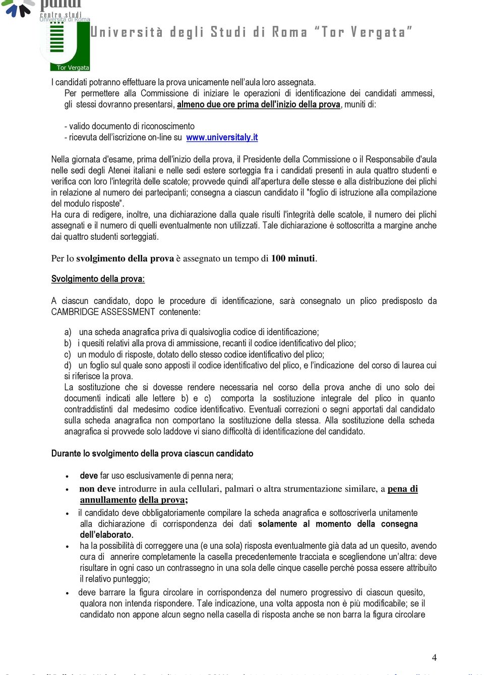 documento di riconoscimento - ricevuta dell iscrizione on-line su www.universitaly.