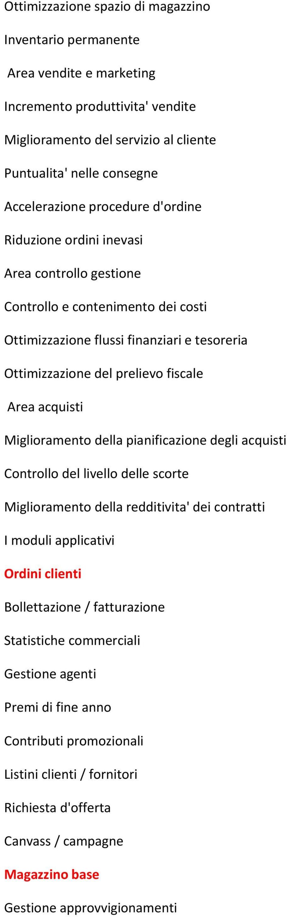 acquisti Miglioramento della pianificazione degli acquisti Controllo del livello delle scorte Miglioramento della redditivita' dei contratti I moduli applicativi Ordini clienti Bollettazione /