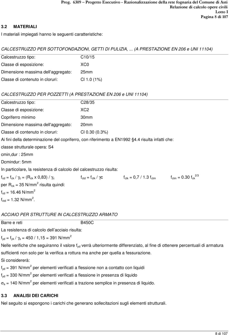 .. (A PRESTAZIONE EN 206 e UNI 11104) Calcestruzzo tipo: C10/15 Classe di esposizione: XC0 Dimensione massima dell'aggregato: 25mm Classe di contenuto in cloruri: Cl 1.