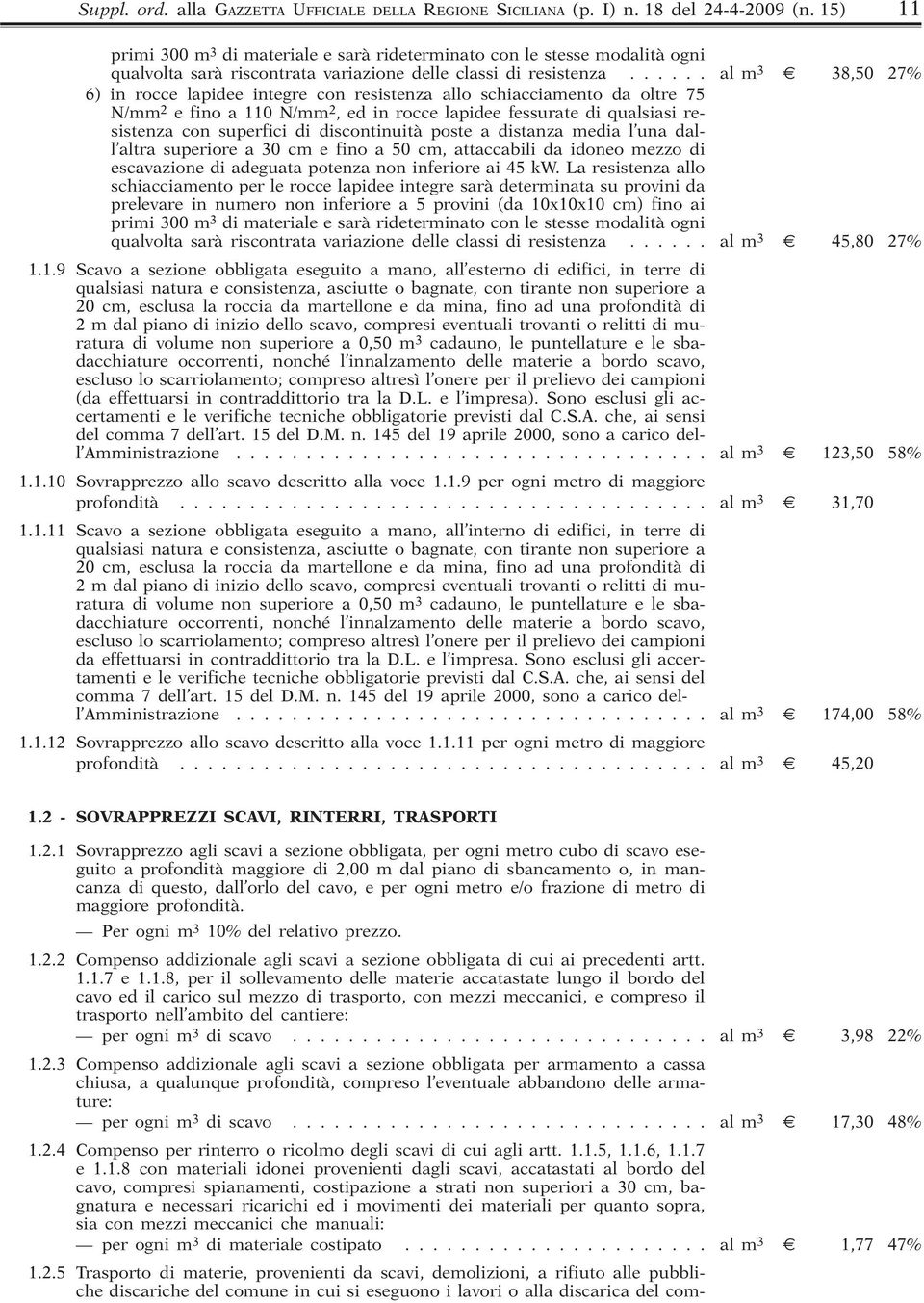 ..... al m 3 38,50 27% 6) in rocce lapidee integre con resistenza allo schiacciamento da oltre 75 N/mm 2 e fino a 110 N/mm 2, ed in rocce lapidee fessurate di qualsiasi resistenza con superfici di