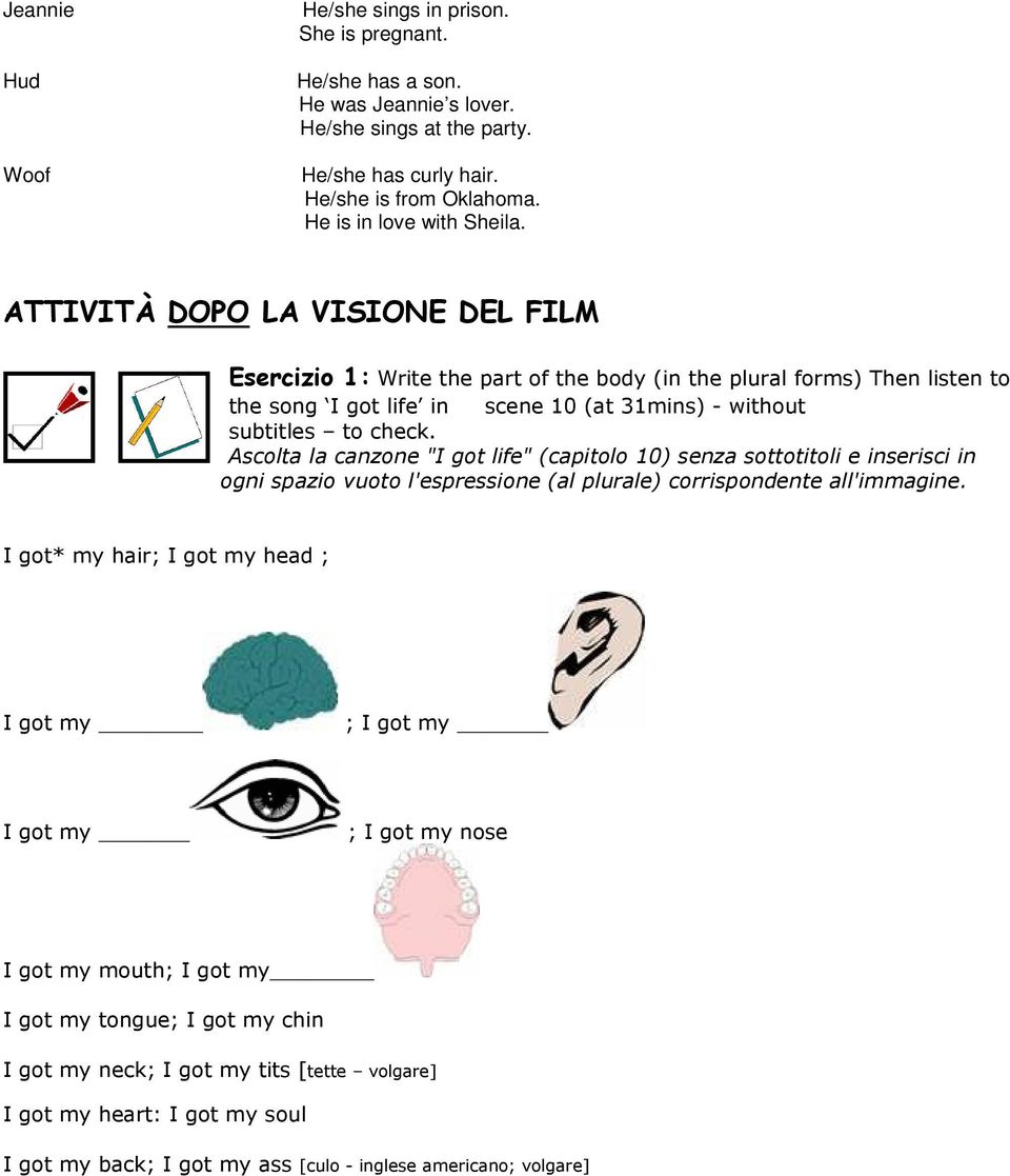 ATTIVITÀ DOPO LA VISIONE DEL FILM Esercizio 1: Write the part of the body (in the plural forms) Then listen to the song I got life in scene 10 (at 31mins) - without subtitles to check.