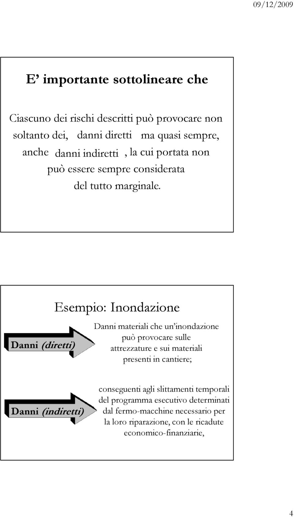 Danni (diretti) Esempio: Inondazione Danni materiali che un inondazione può provocare sulle attrezzature e sui materiali presenti in