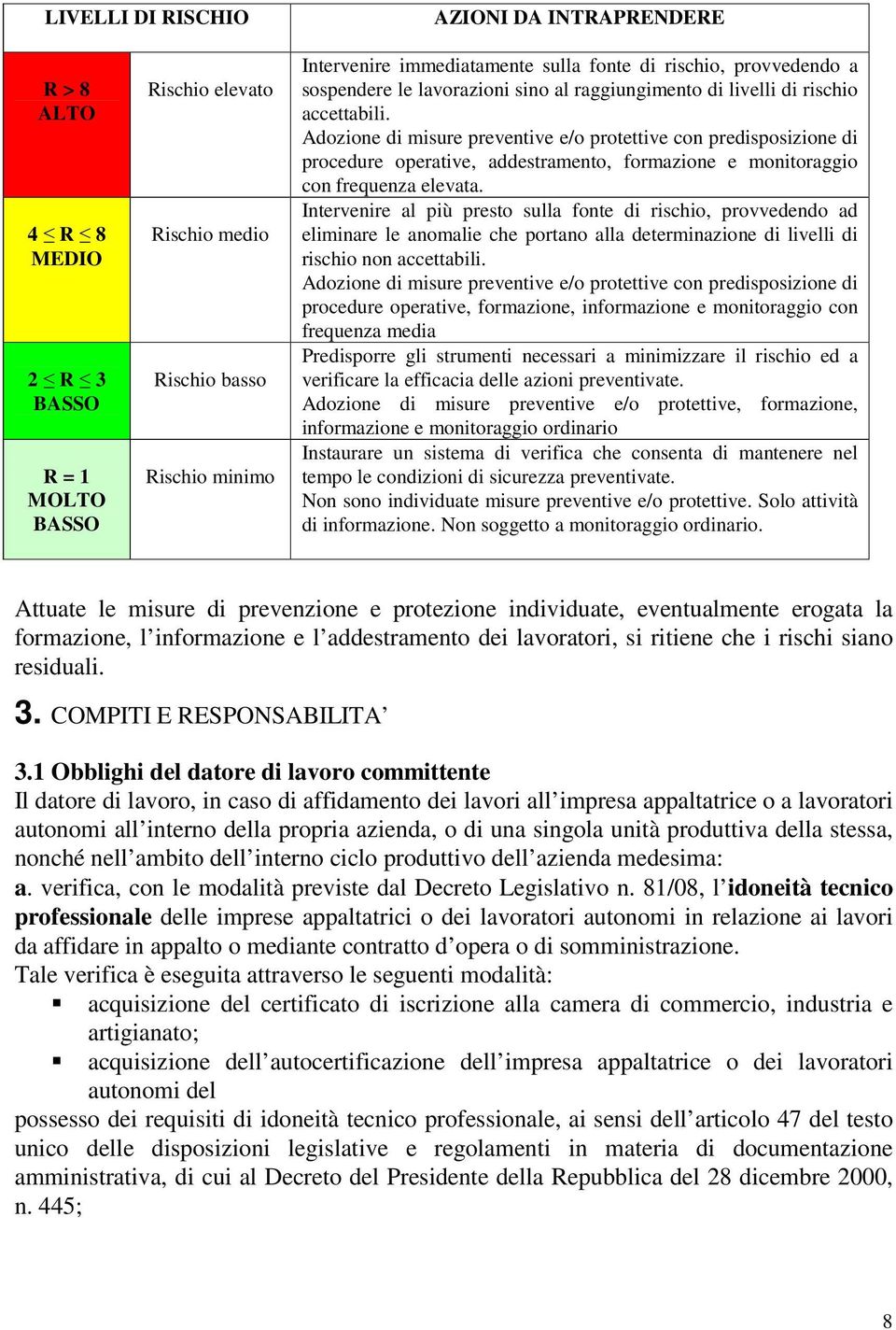 Adozione di misure preventive e/o protettive con predisposizione di procedure operative, addestramento, formazione e monitoraggio con frequenza elevata.