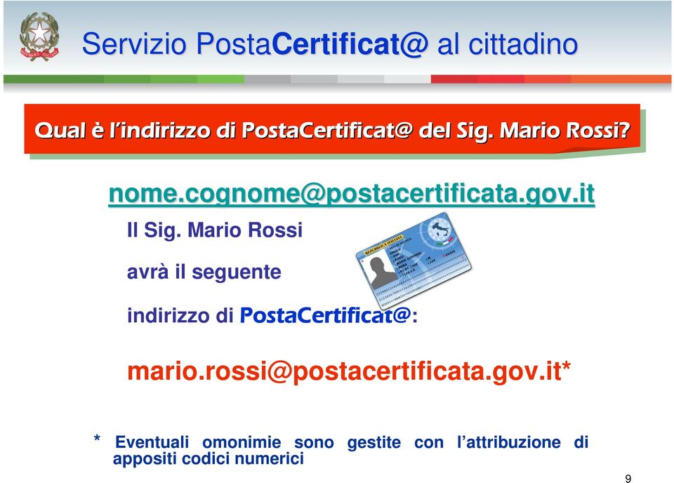 Mario Rossi avrà il seguente indirizzo di PostaCertificat@: mario.