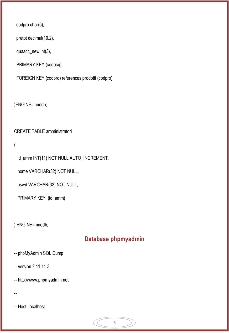 )ENGINE=innodb; CREATE TABLE amministratori ( id_amm INT(11) NOT NULL AUTO_INCREMENT, nome VARCHAR(32)