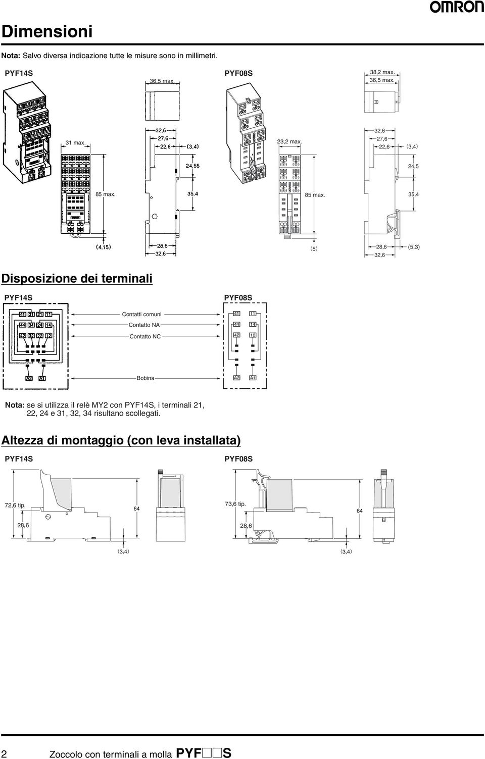 3) Disposizione dei terminali PYF14S PYF08S Contatti comuni Contatto NA Contatto NC Bobina Nota: se si utilizza il