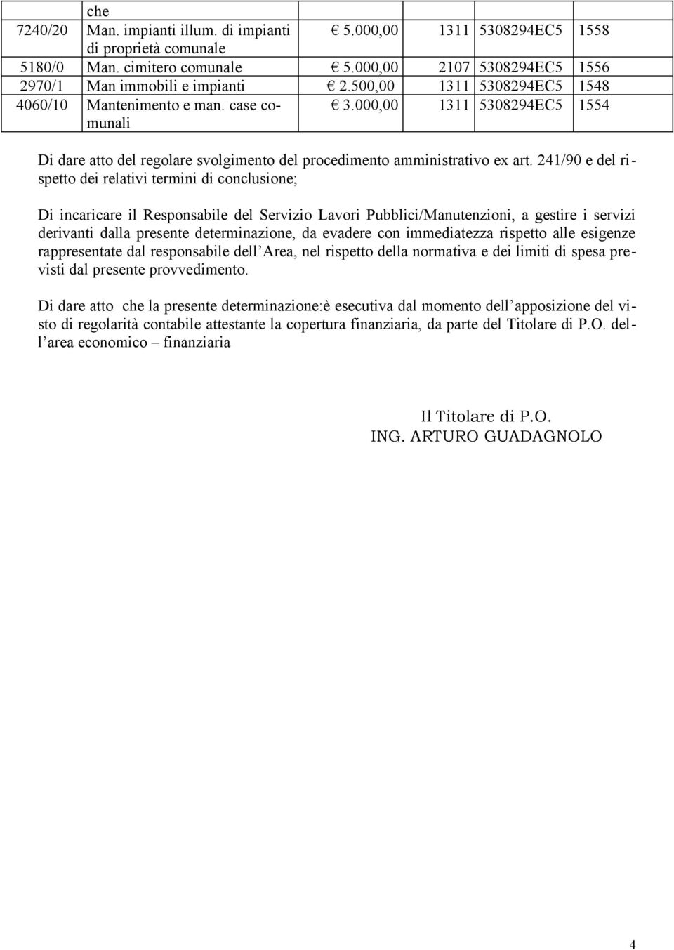 241/90 e del rispetto dei relativi termini di conclusione; Di incaricare il Responsabile del Servizio Lavori Pubblici/Manutenzioni, a gestire i servizi derivanti dalla presente determinazione, da