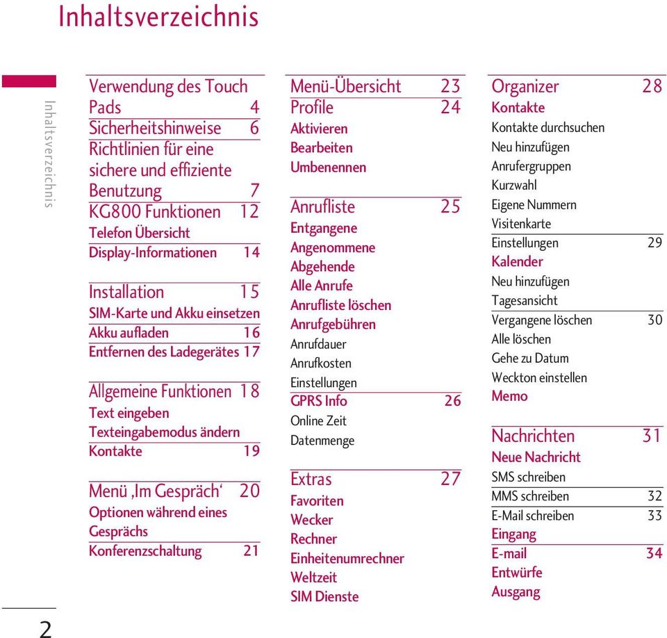 Gespräch 20 Optionen während eines Gesprächs Konferenzschaltung 21 Menü-Übersicht 23 Profile 24 Aktivieren Bearbeiten Umbenennen Anrufliste 25 Entgangene Angenommene Abgehende Alle Anrufe Anrufliste