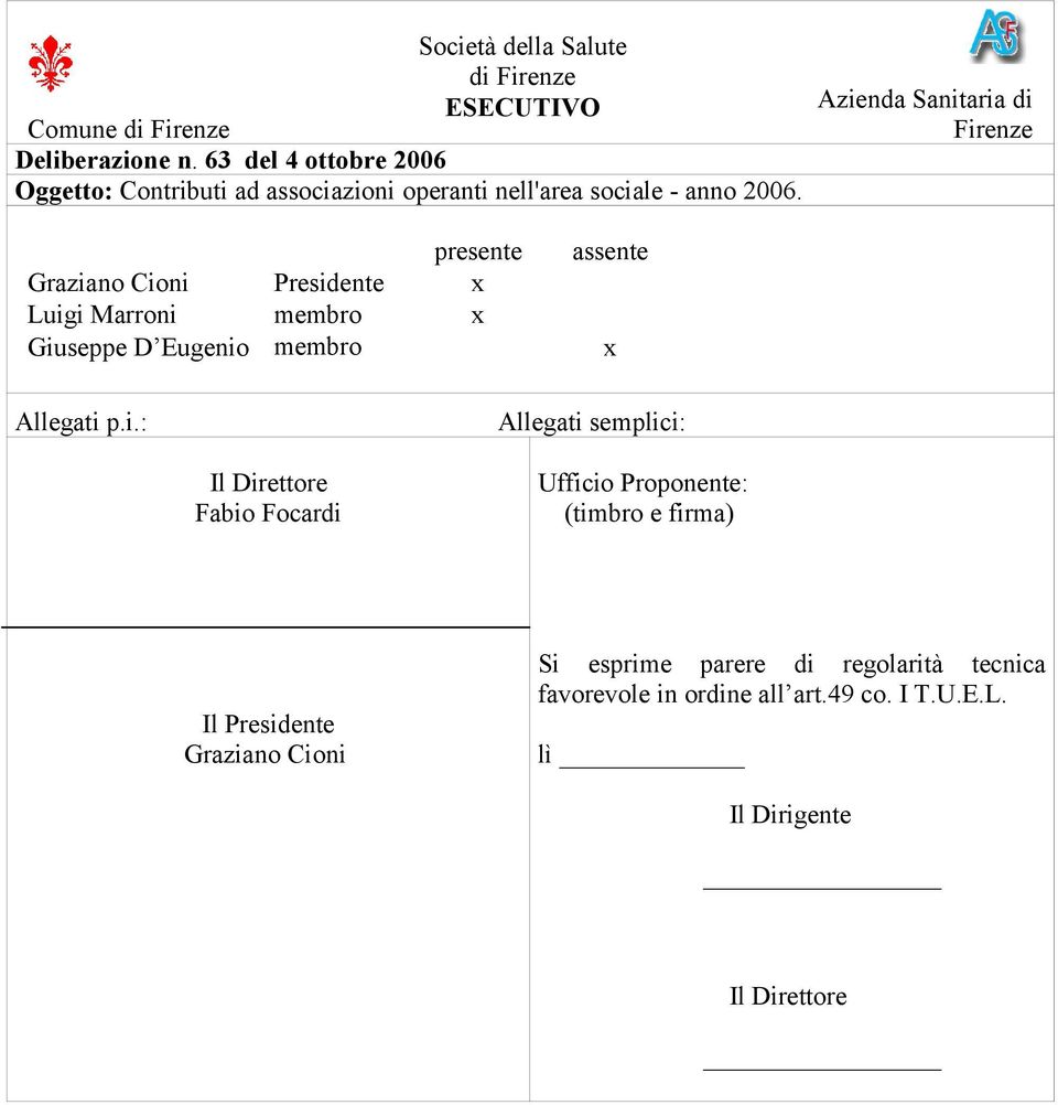 Azienda Sanitaria di Firenze presente assente Graziano Cioni Presidente x Luigi Marroni membro x Giuseppe D Eugenio membro x Allegati p.