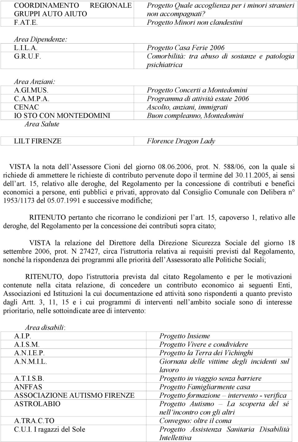 ea Anziani: A.GI.MUS. Progetto Concerti a Montedomini C.A.M.P.A. Programma di attività estate 2006 CENAC Ascolto, anziani, immigrati IO STO CON MONTEDOMINI Buon compleanno, Montedomini Area Salute