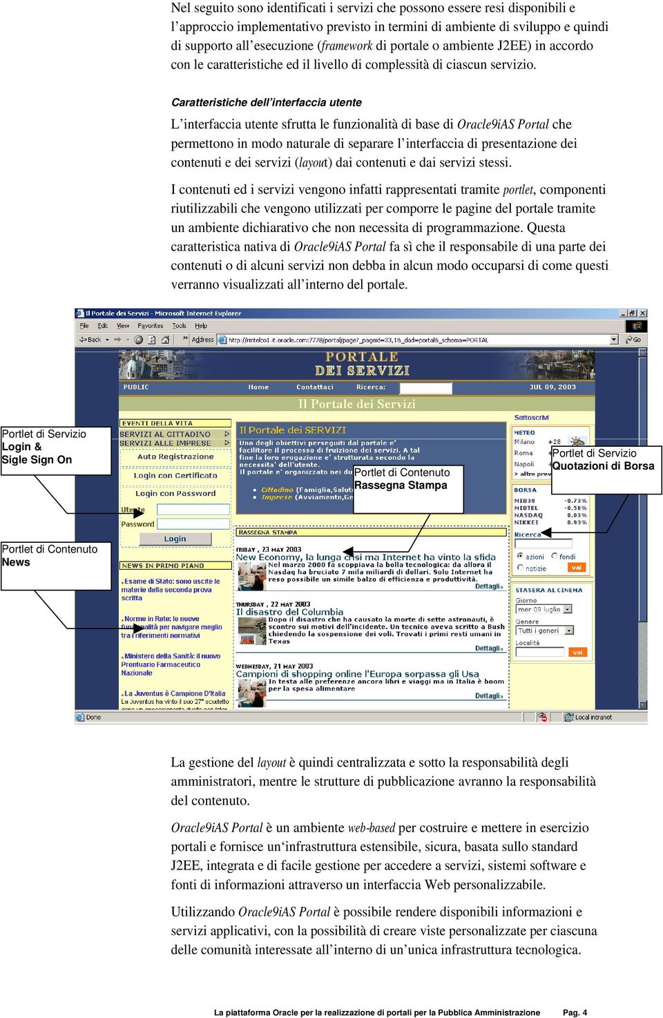 Caratteristiche dell interfaccia utente L interfaccia utente sfrutta le funzionalità di base di Oracle9iAS Portal che permettono in modo naturale di separare l interfaccia di presentazione dei