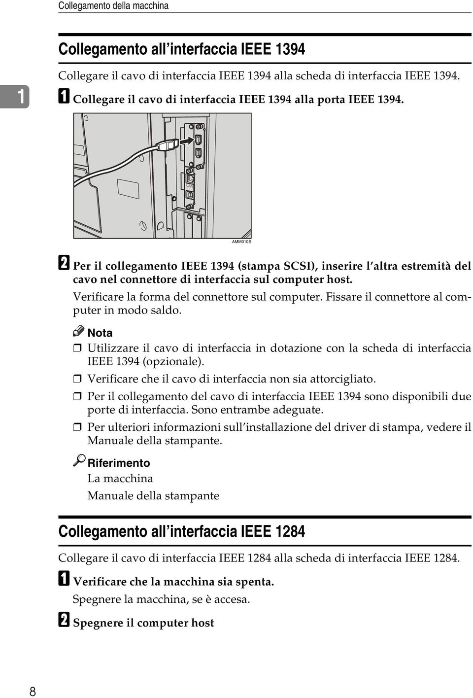 AMM010S B Per il collegamento IEEE 1394 (stampa SCSI), inserire l altra estremità del cavo nel connettore di interfaccia sul computer host. Verificare la forma del connettore sul computer.