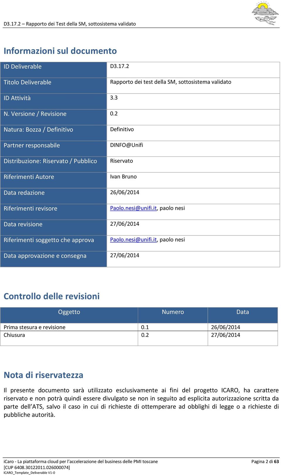 Paolo.nesi@unifi.it, paolo nesi Data revisione 27/06/2014 Riferimenti soggetto che approva Paolo.nesi@unifi.it, paolo nesi Data approvazione e consegna 27/06/2014 Controllo delle revisioni Oggetto Numero Data Prima stesura e revisione 0.