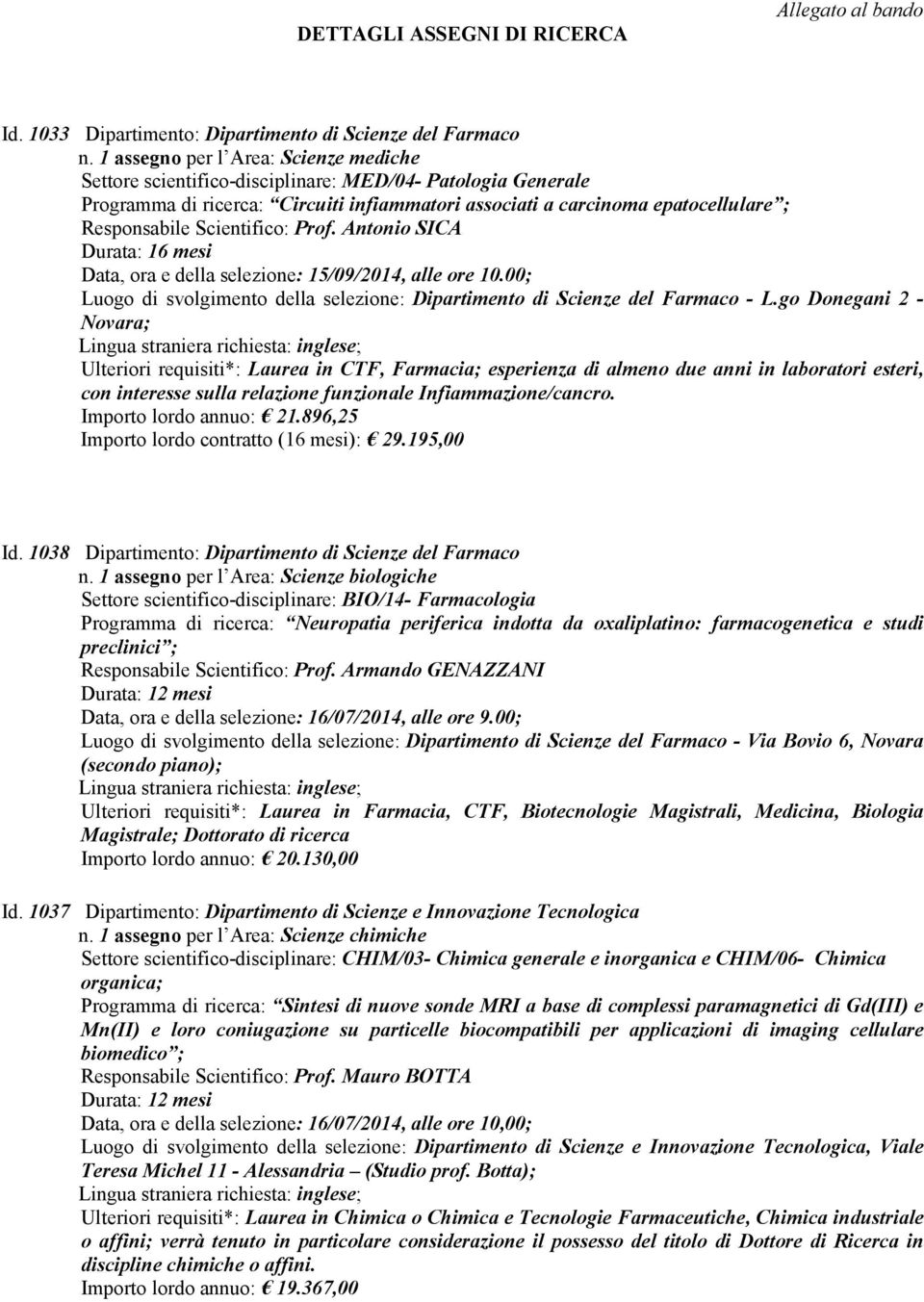 Scientifico: Prof. Antonio SICA Durata: 16 mesi Data, ora e della selezione: 15/09/2014, alle ore 10.00; Luogo di svolgimento della selezione: Dipartimento di Scienze del Farmaco - L.