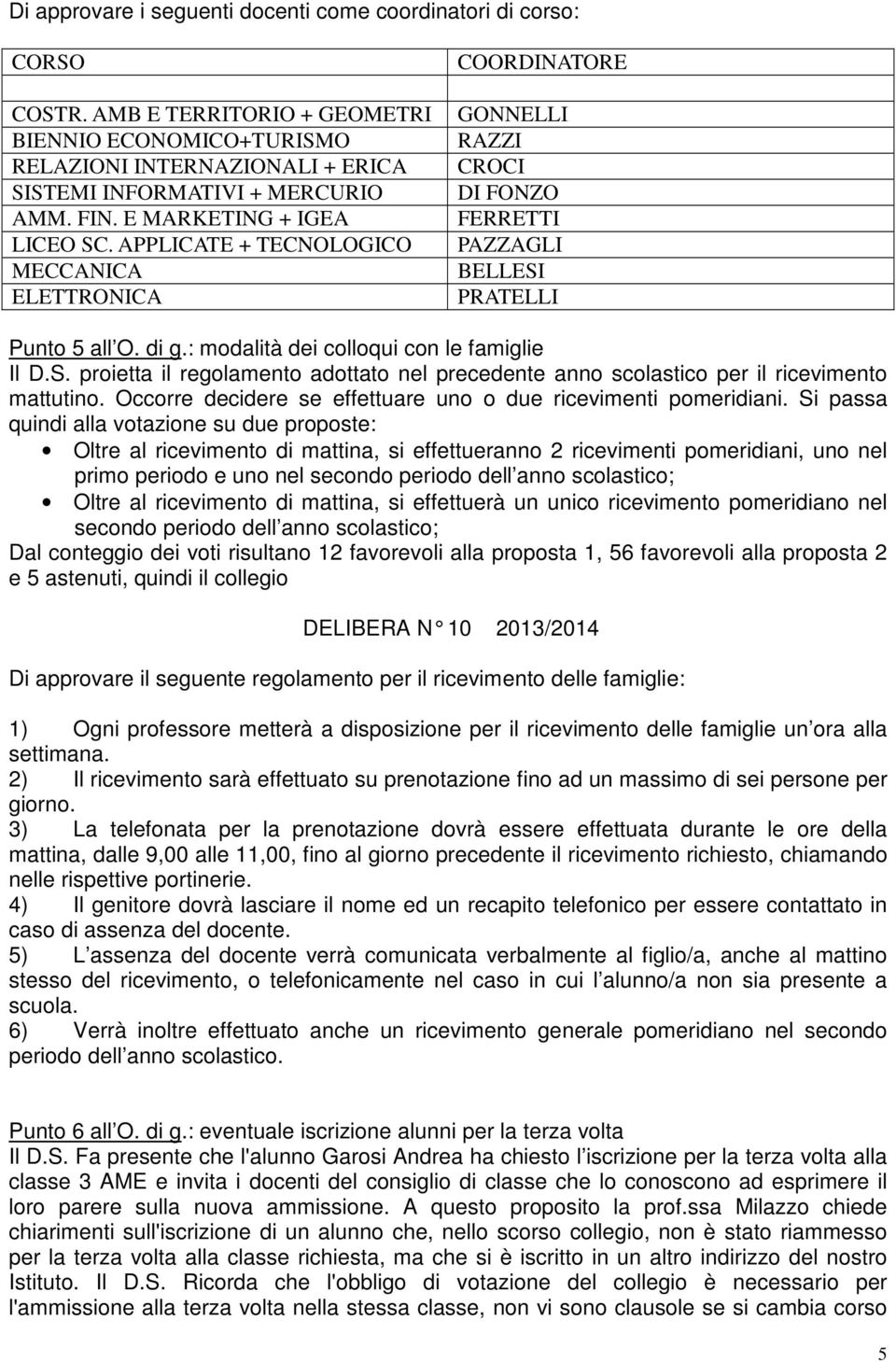 : modalità dei colloqui con le famiglie Il D.S. proietta il regolamento adottato nel precedente anno scolastico per il ricevimento mattutino.