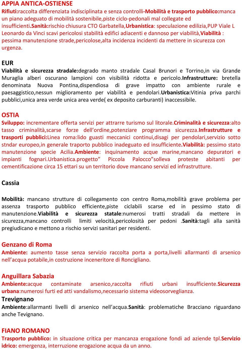 sanità:rischio chiusura CTO Garbatella,Urbanistica: speculazione edilizia,pup Viale L Leonardo da Vinci scavi pericolosi stabilità edifici adiacenti e dannoso per viabilità,viabilità : pessima