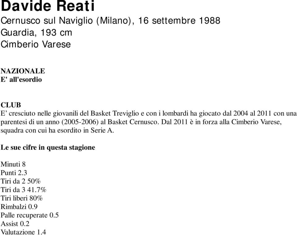 anno (2005-2006) al Basket Cernusco. Dal 2011 è in forza alla Cimberio Varese, squadra con cui ha esordito in Serie A.