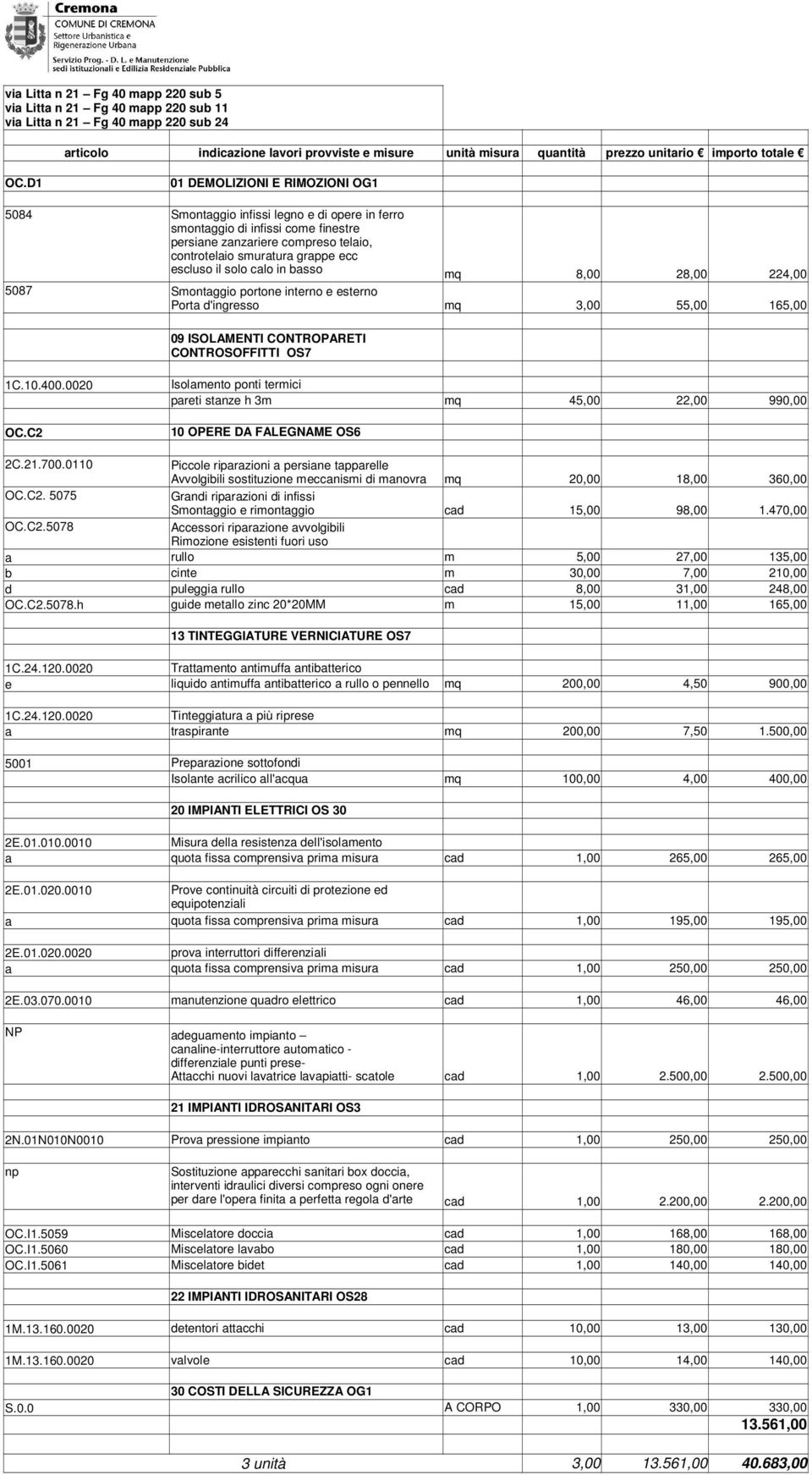 0110 Piccole riparazioni a persiane tapparelle Avvolgibili sostituzione meccanismi di manovra mq 20,00 18,00 360,00. 5075 Grandi riparazioni di infissi Smontaggio e rimontaggio cad 15,00 98,00 1.