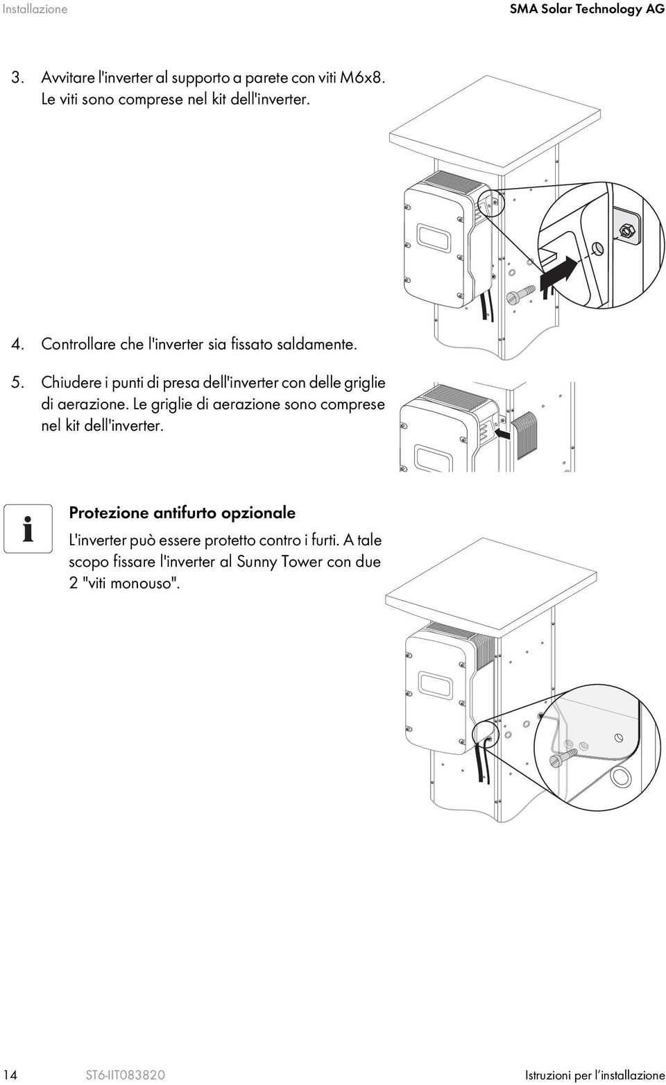 Chiudere i punti di presa dell'inverter con delle griglie di aerazione. Le griglie di aerazione sono comprese nel kit dell'inverter.