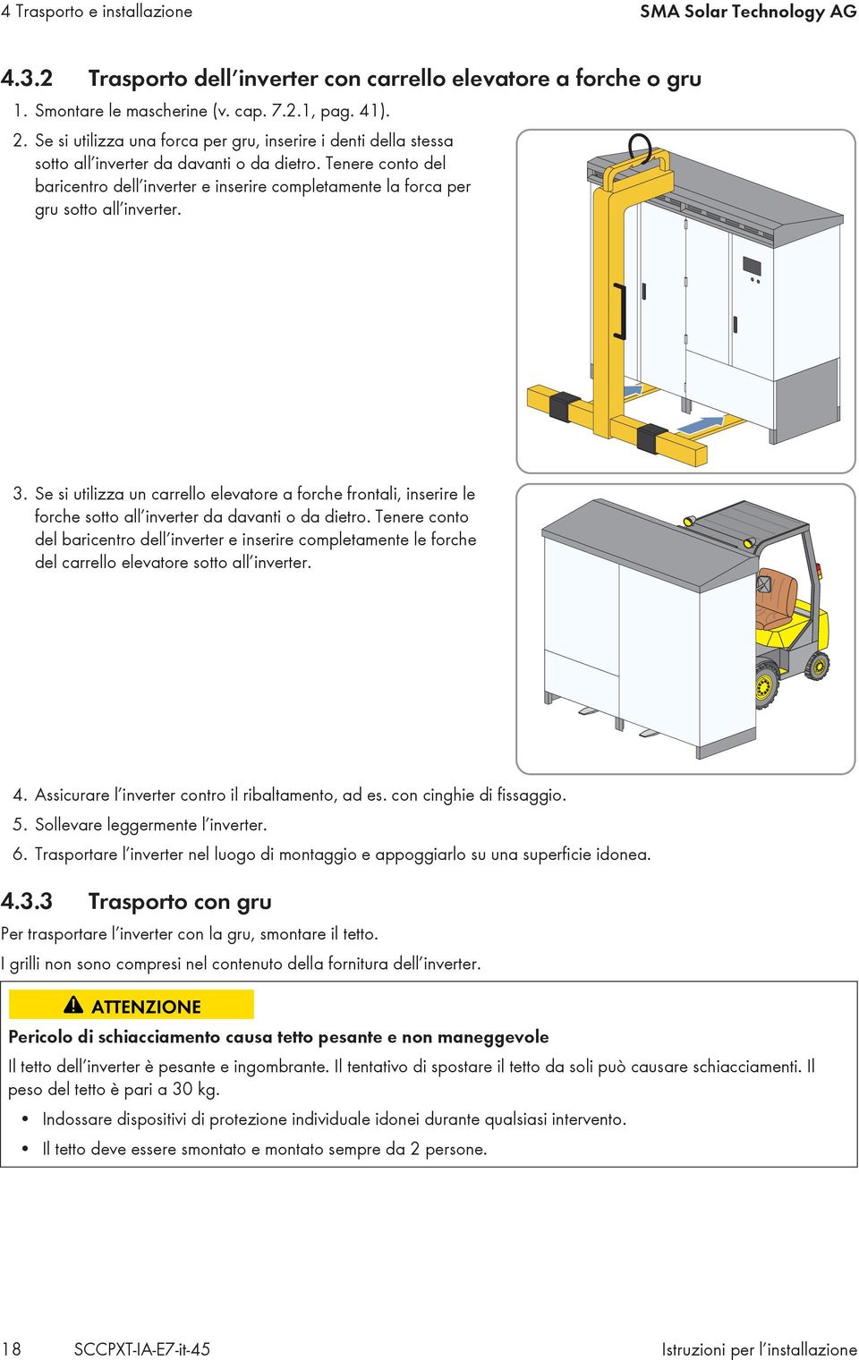 Tenere conto del baricentro dell inverter e inserire completamente la forca per gru sotto all inverter. 3.