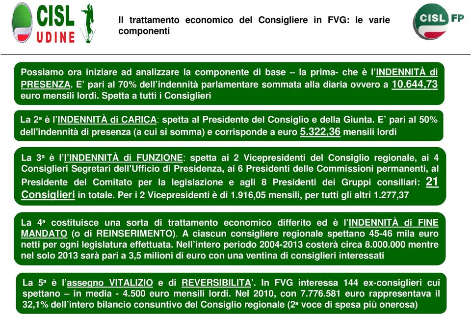 Spetta a tutti i Consiglieri La 2 a è l INDENNITÀ di CARICA: spetta al Presidente del Consiglio e della Giunta. E pari al 50% dell'indennità di presenza (a cui si somma) e corrisponde a euro 5.