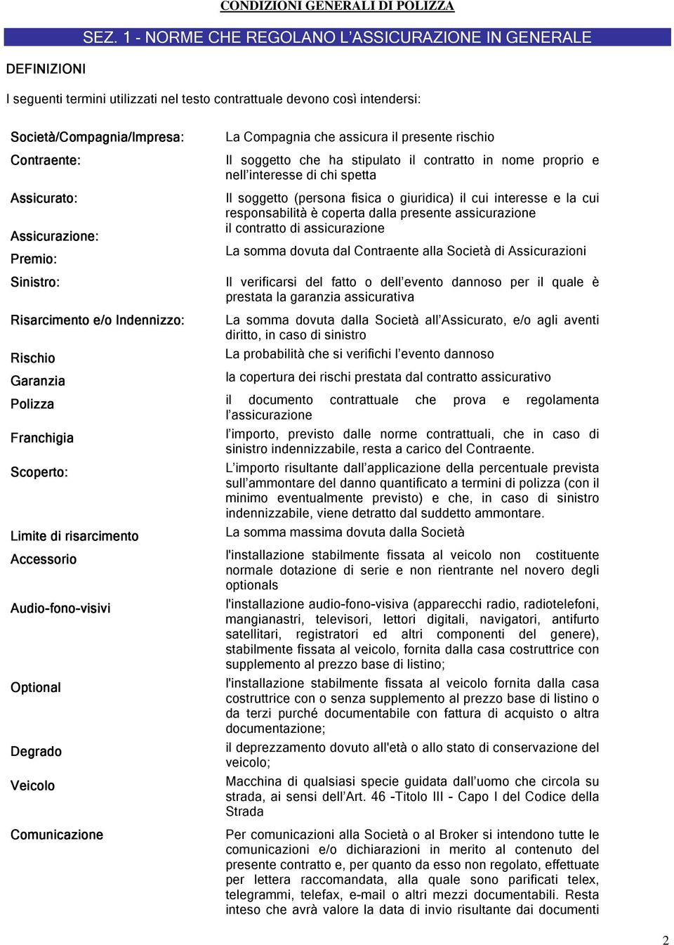 Assicurazione: Premio: Sinistro: Risarcimento e/o Indennizzo: Rischio Garanzia La Compagnia che assicura il presente rischio Il soggetto che ha stipulato il contratto in nome proprio e nell interesse