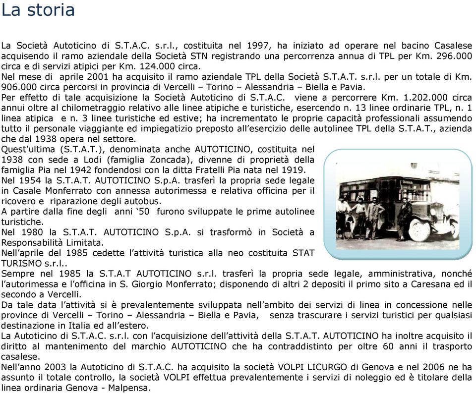 000 circa e di servizi atipici per Km. 124.000 circa. Nel mese di aprile 2001 ha acquisito il ramo aziendale TPL della Società S.T.A.T. s.r.l. per un totale di Km. 906.