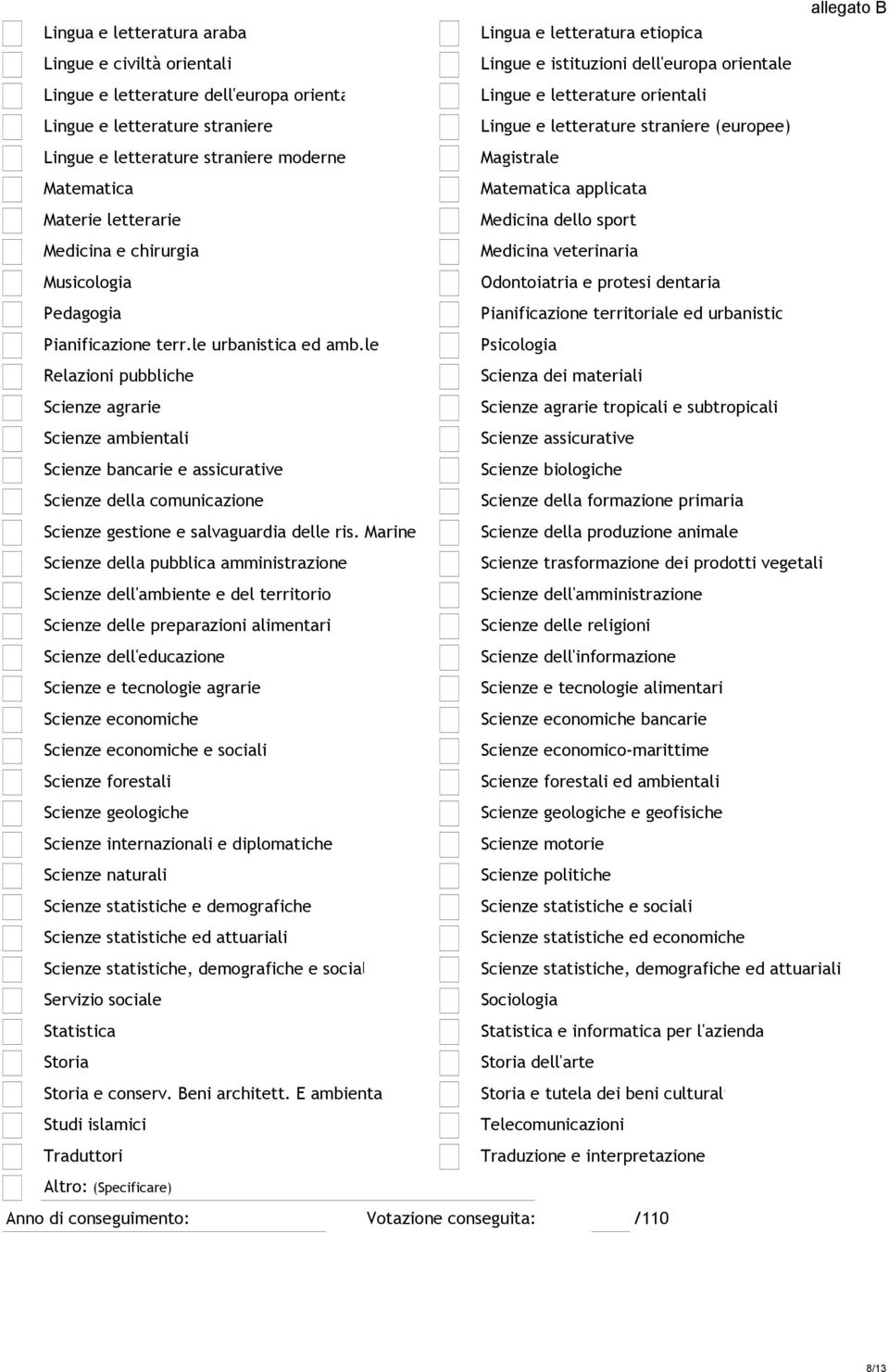 le Relazioni pubbliche Scienze agrarie Scienze ambientali Scienze bancarie e assicurative Scienze della comunicazione Scienze gestione e salvaguardia delle ris.