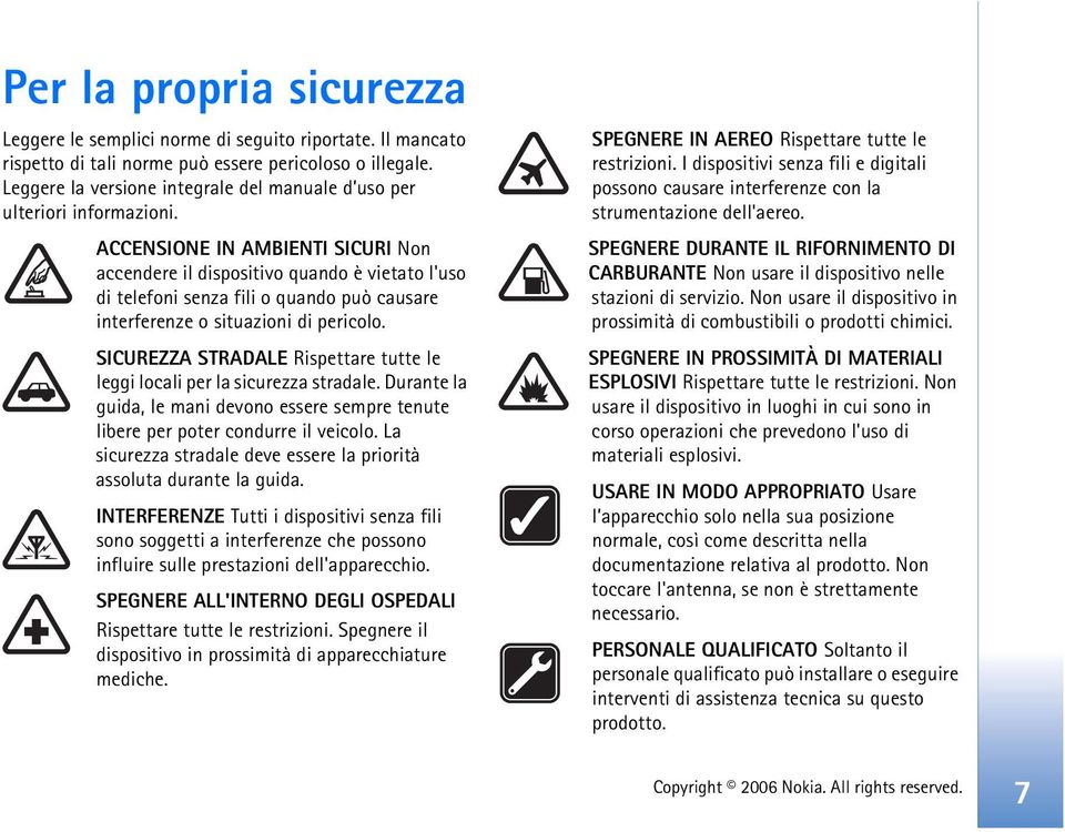 ACCENSIONE IN AMBIENTI SICURI Non accendere il dispositivo quando è vietato l'uso di telefoni senza fili o quando può causare interferenze o situazioni di pericolo.