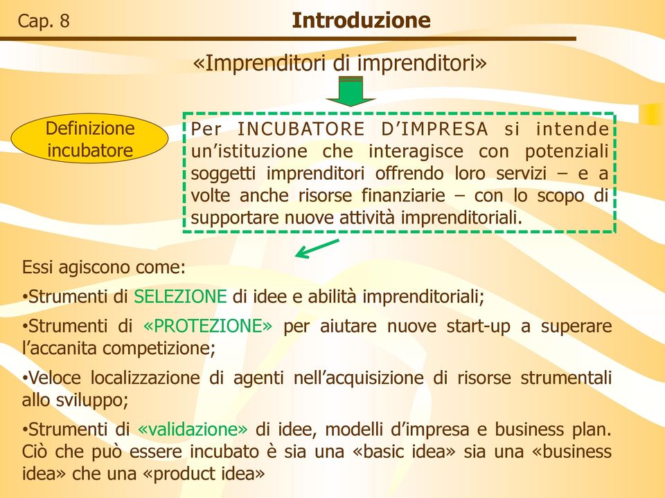 Essi agiscono come: Strumenti di SELEZIONE di idee e abilità imprenditoriali; Strumenti di «PROTEZIONE» per aiutare nuove start-up a superare l accanita competizione; Veloce