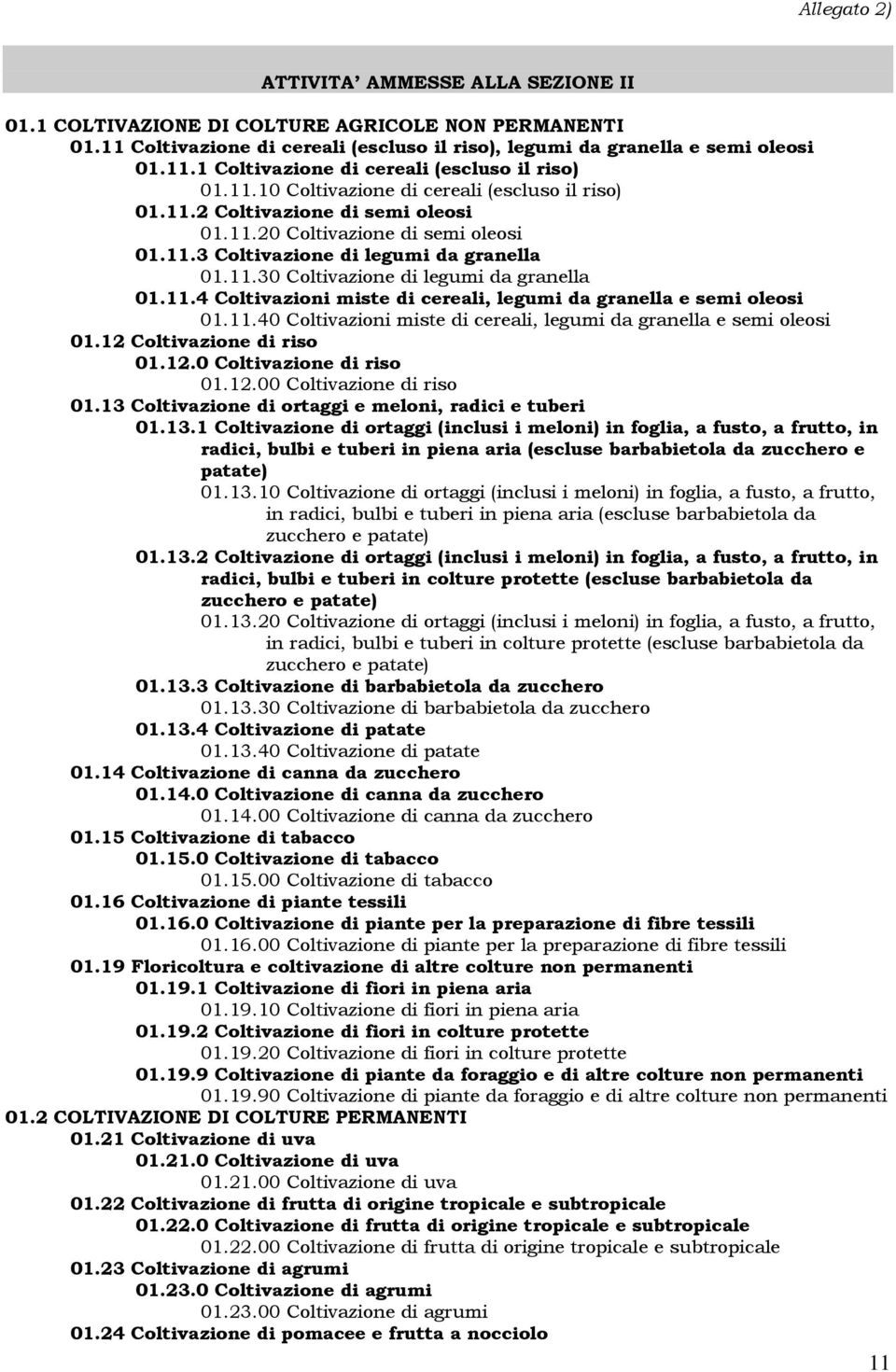 11.4 Coltivazioni miste di cereali, legumi da granella e semi oleosi 01.11.40 Coltivazioni miste di cereali, legumi da granella e semi oleosi 01.12 Coltivazione di riso 01.12.0 Coltivazione di riso 01.