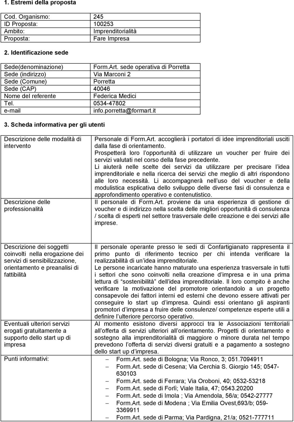 Scheda informativa per gli utenti Descrizione delle modalità di intervento Descrizione delle professionalità Personale di Form.Art.