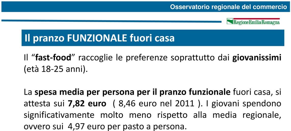 La spesa media per persona per il pranzo funzionale fuori casa, si attesta sui 7,82