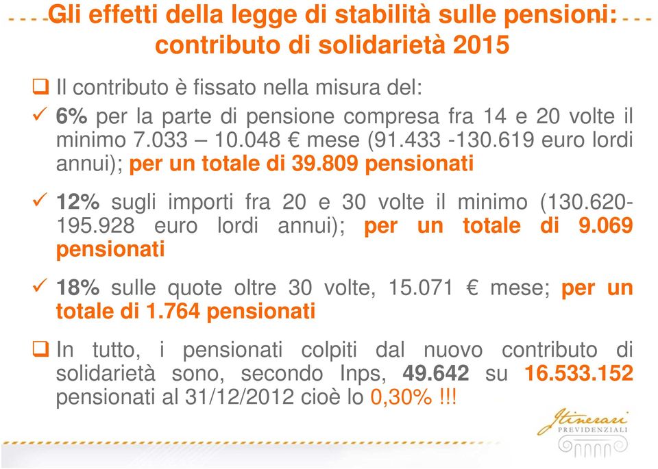 809 pensionati 12% sugli importi fra 20 e 30 volte il minimo (130.620-195.928 euro lordi annui); per un totale di 9.