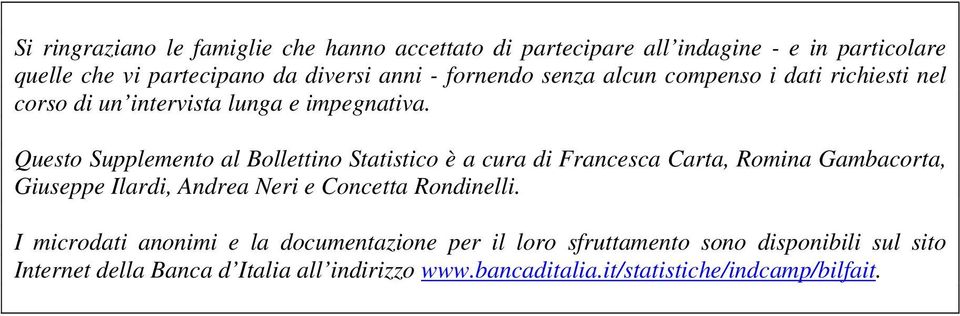 Questo Supplemento al Bollettino Statistico è a cura di Francesca Carta, Romina Gambacorta, Giuseppe Ilardi, Andrea Neri e Concetta