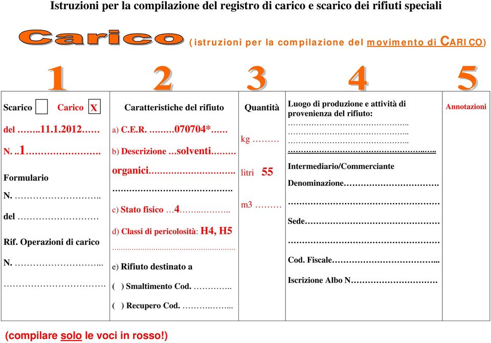 . Annotazioni Formulario N... del Rif. Operazioni di carico organici.. c) Stato fisico 4.